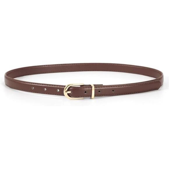 Womens Skinny Leather Belt Thin Faux Leather Waist Belt Gold Silver Buckle Jeans - Picture 1 of 6